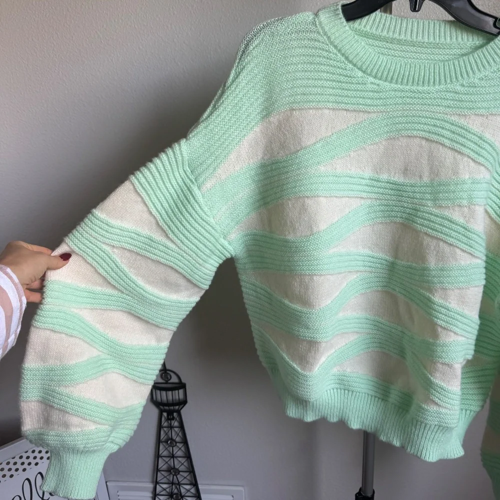 Shein Round Neck Wave Striped Contrast Color Long Sleeve Sweater